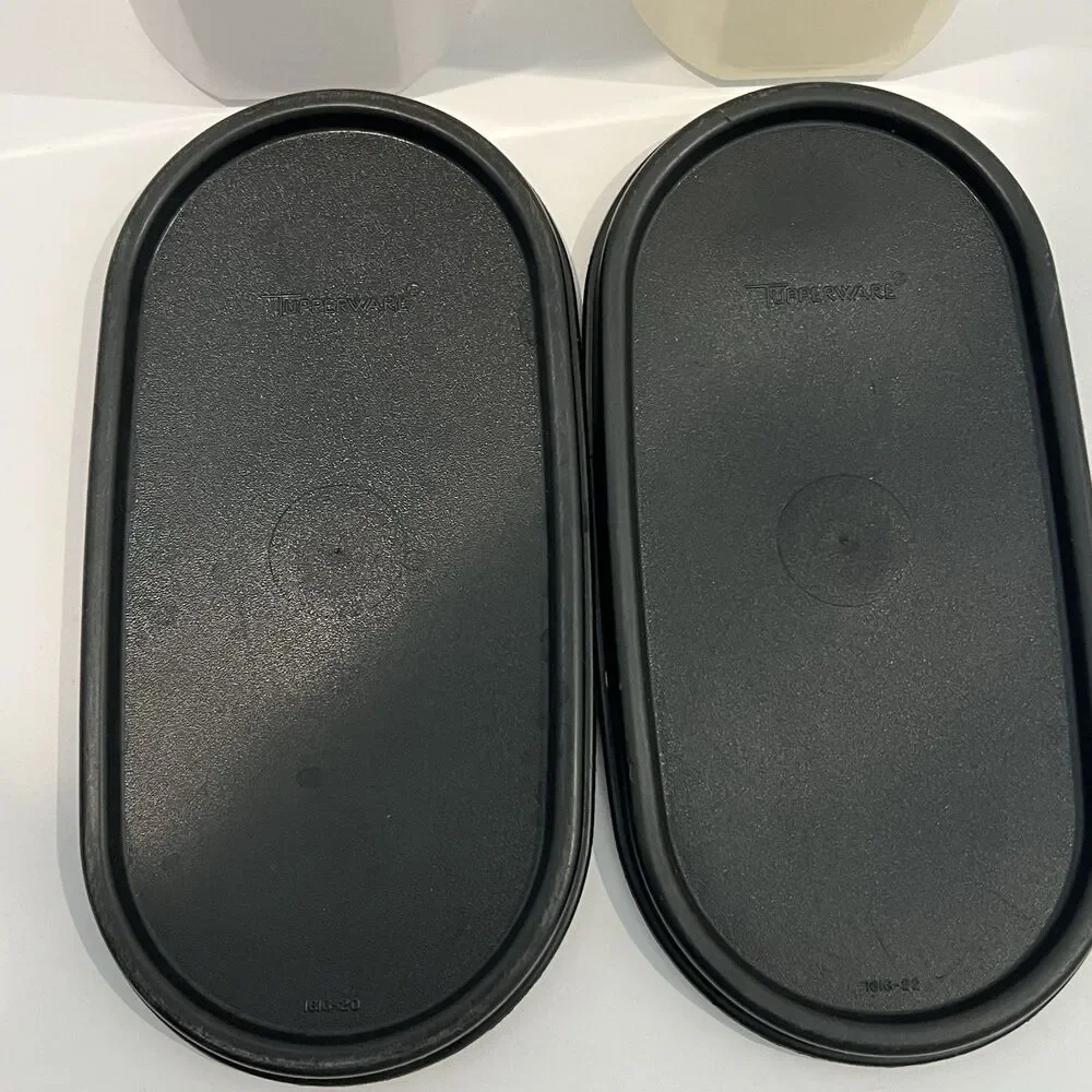 Tupperware Set of 2 Modular Mates Oval #4 Container Black Seal Lid Clear Labels